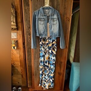 Cream & Blue jumpsuit with Jean Jacket set size Large